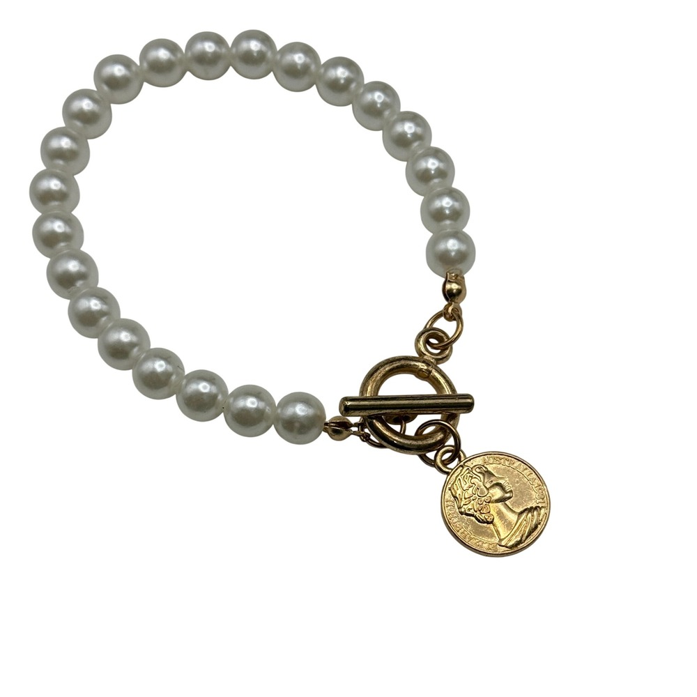 Faux Pearl Coin Charm Bracelet Toggle Clasp Elizabeth II Australia Gold Tone
